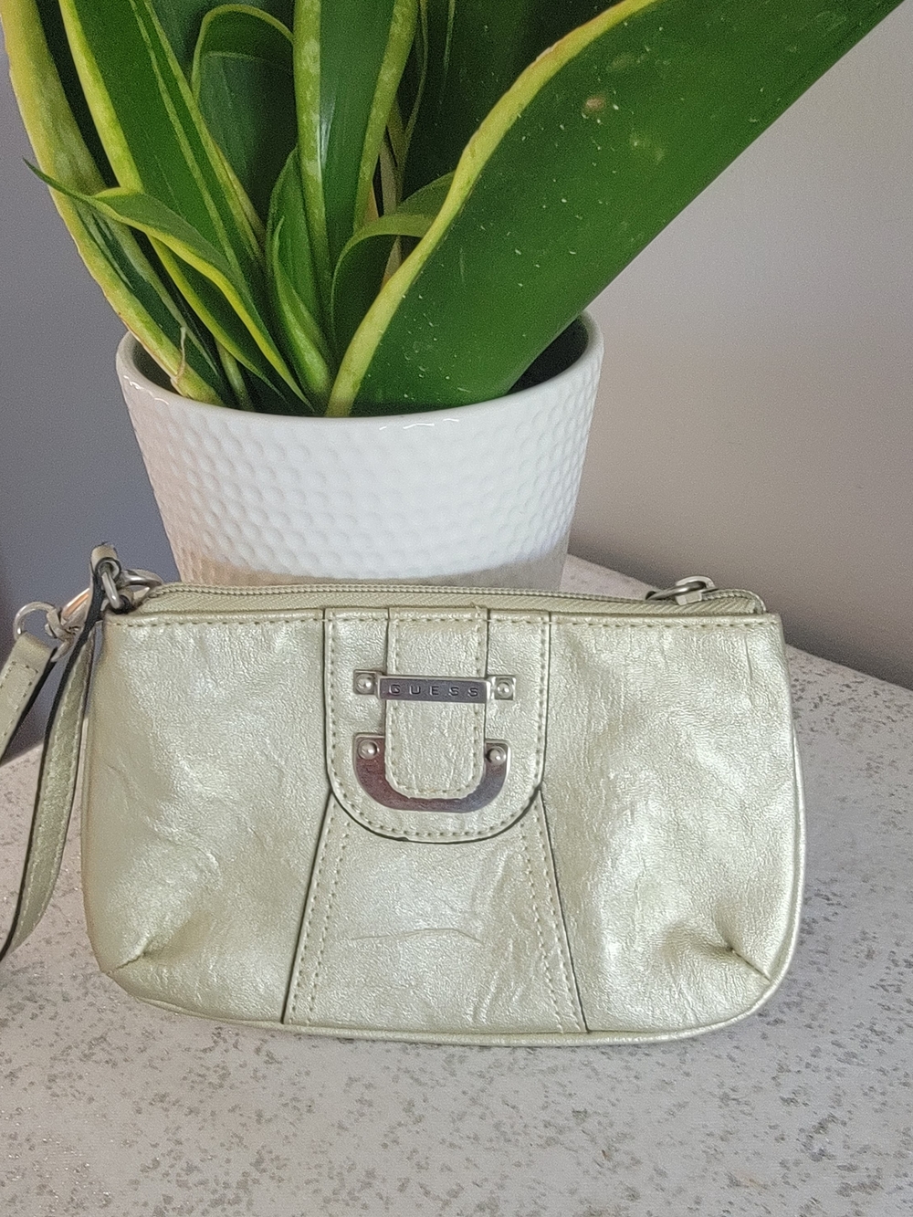 GUESS Metallic Gold Wristlet Clutch with Logo Plate